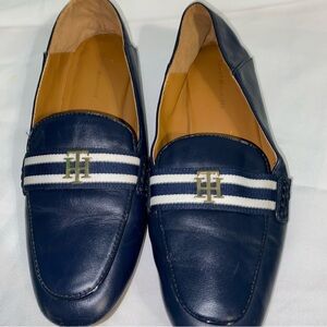 Tommy Hilfiger Navy Leather Slip-On Loafers with Stripe Detail
